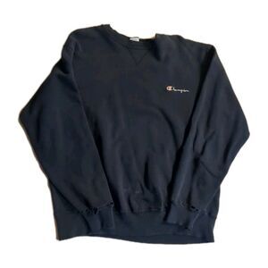 Champion Logo Sweatshirt Women Oversized Distressed Frayed USA Navy Blue XXL